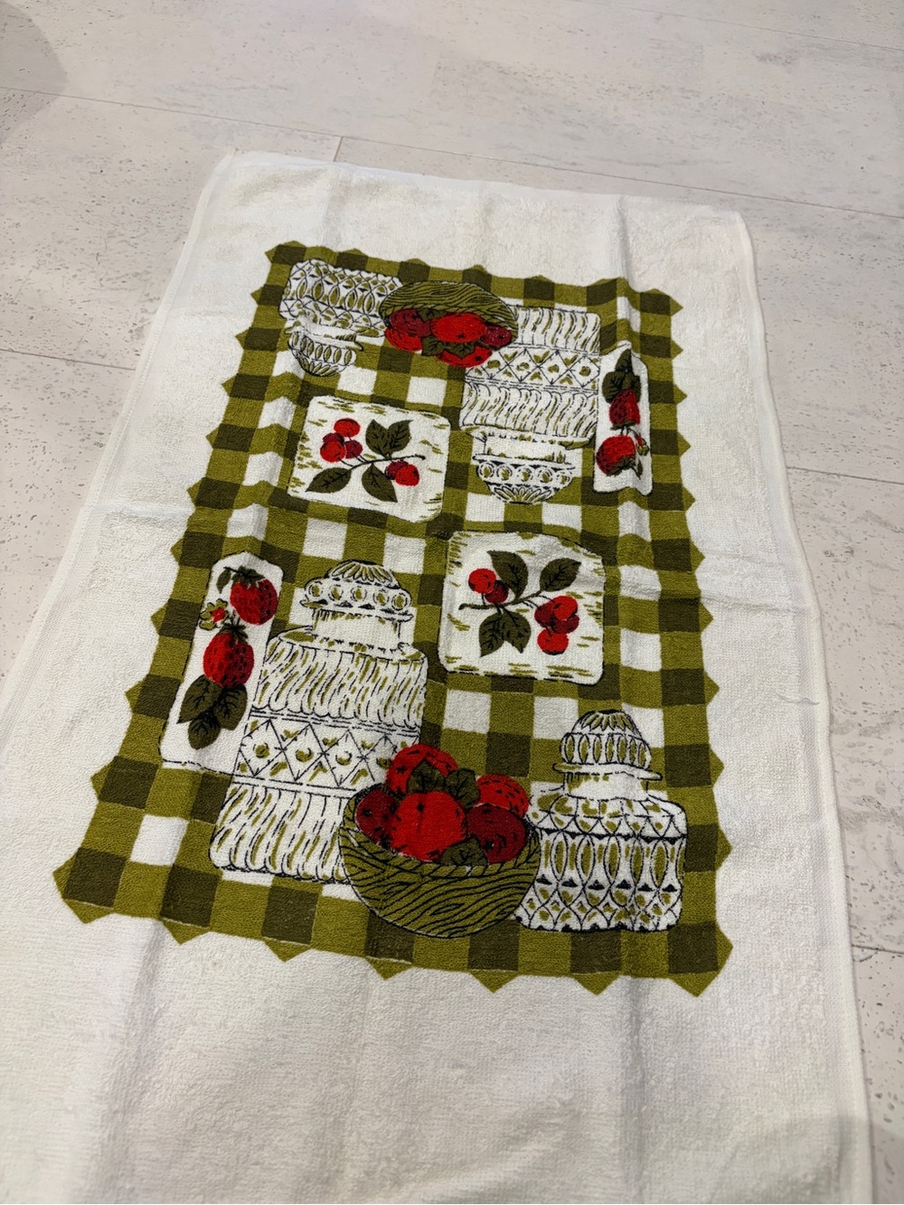 Vintage Olive Green and White Kitchen Tea Towel with Red Fruit Design